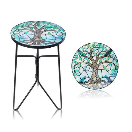 VCUTEKA Patio Side Table Outdoor Accent Table Bistro Coffee Table Plant End Table Small Porch Table Indoor Round Glass Balcony Plant Table Stands Tree 12'' - Bircata