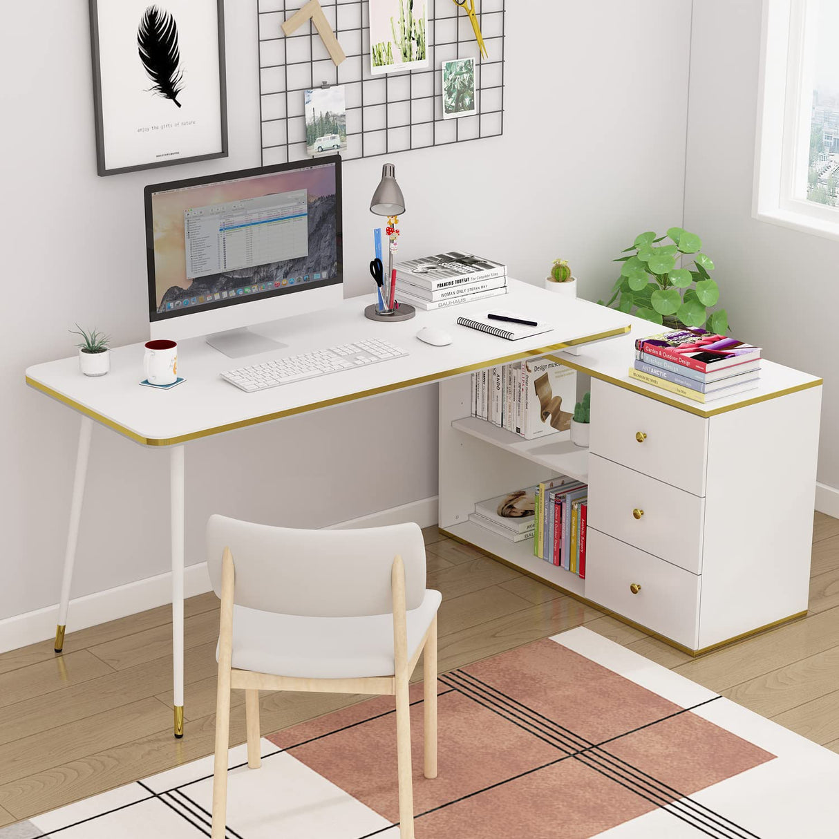 Home Office Computer Desk Corner Desk with 3 Drawers, 2 Open Shelves & Gold Lines