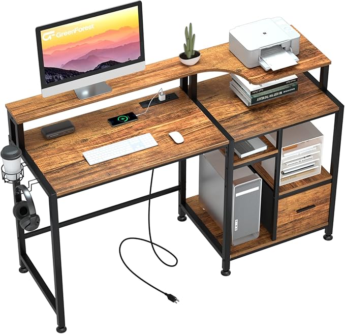 Computer Desk with Drawers, Home Office Desk with Printer Shelf, 55 inches White Desk