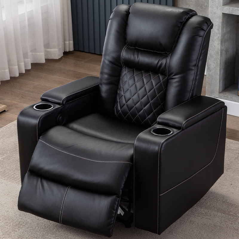 CANMOV Electric Power Recliner Chair with USB Ports and Cup Holders, Breathable Leather Home Theater Seating with Hidden Arm Storage (Black)