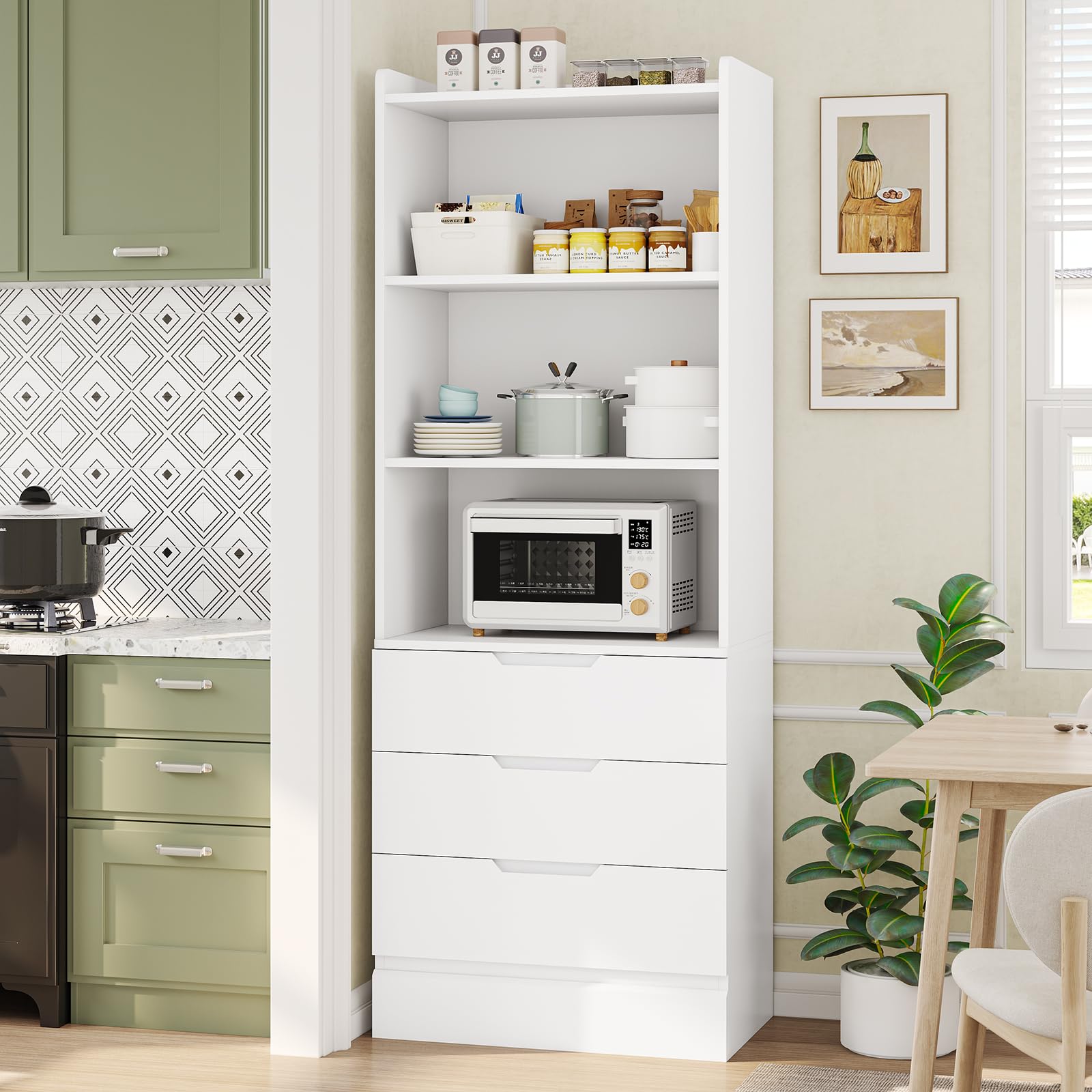 73.23'' Tall Storage Cabinet Bookcase with 3 Drawers and 3-Tier Open Shelves Wooden Bookshelf Kitchen Pantry