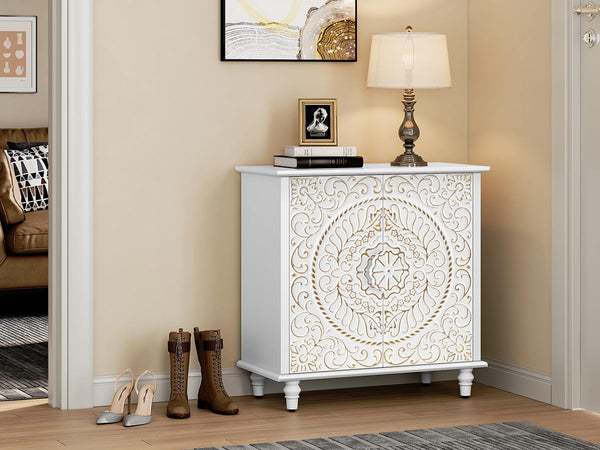ARTPOWER Accent Cabinet with 2 Doors, Decorative Storage Cabinet with Carved Flower Pattern, White Sideboard Buffet Cabinet, Wood Credenza with Storage for Entryway, Living Room, Kitchen, Dining Room
