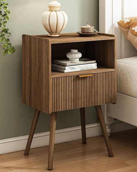 Nightstand,Modern Bedside Table with Storage Drawer and Open Wood Shelf