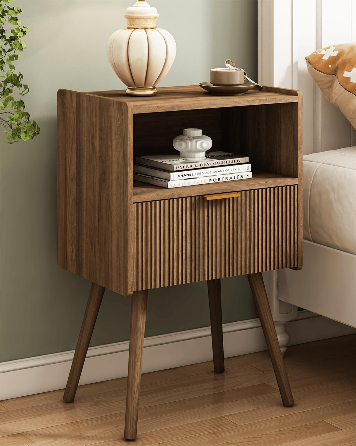 Nightstand,Modern Bedside Table with Storage Drawer and Open Wood Shelf