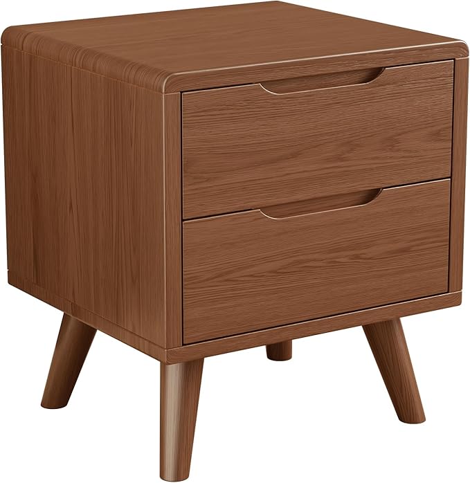 Solid Wood Nightstand with Drawers, Mid-Century Modern Nightstand, 2 Drawer Storage Cabinet Wooden Nightstand for Bedroom, Living Room White Nightstand.