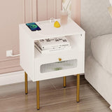 Nightstand,Modern Beside Table with Storage Drawer and Open Wood Shelf,Small End Side Table with Glass Decorative Door and Gold Frame,for Living Room,Bedroom (White-Outlet)