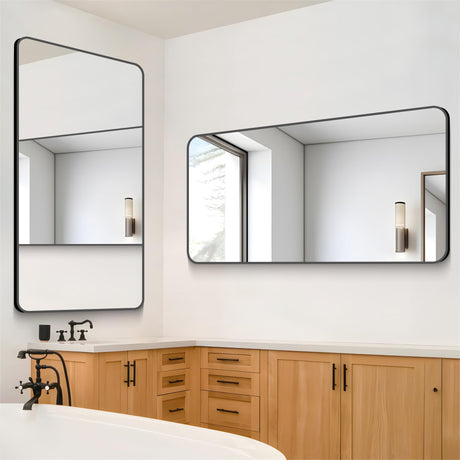 Bathroom Mirror, 30"x55" Black Rectangle Wall Mirror, Metal Frame Rounded Corner