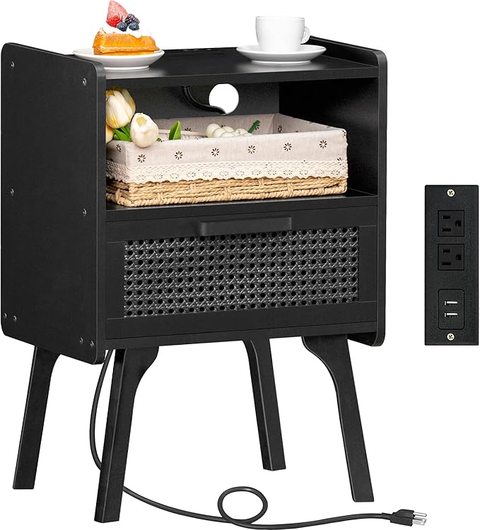 Rattan Nightstands Set of 2 with Charging Station
