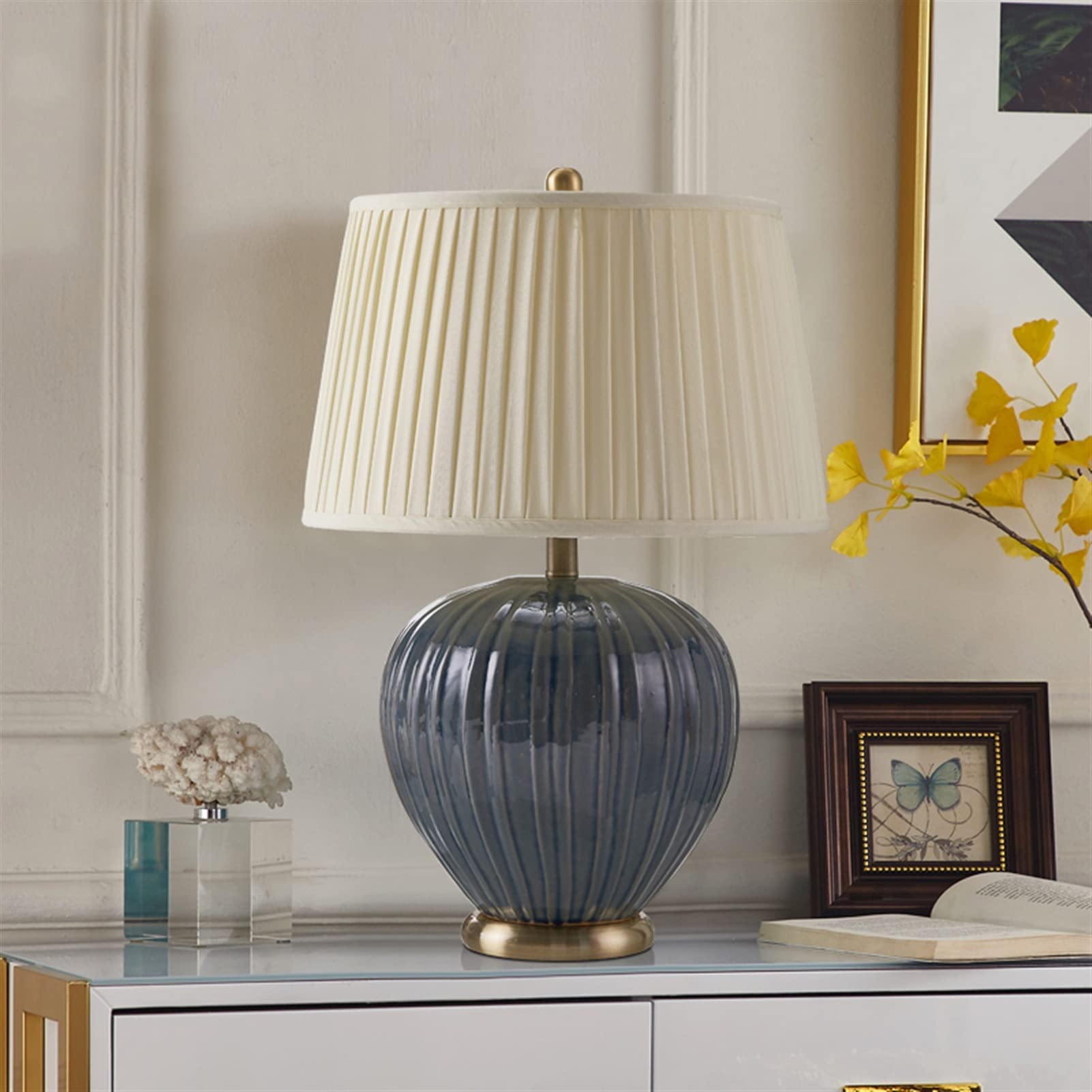 Table Lamp Bedside Lamp with Ceramics Base and Cloth Pleated Shade, Vintage Nightstand