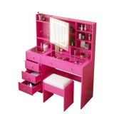 Vanity with Lighted Mirror Bedroom Vanity Desk with Charging Station Large Vanity Set with Transparent Desk, Drawers, Cabinet, Shelves for Storage in Bedroom, Pink