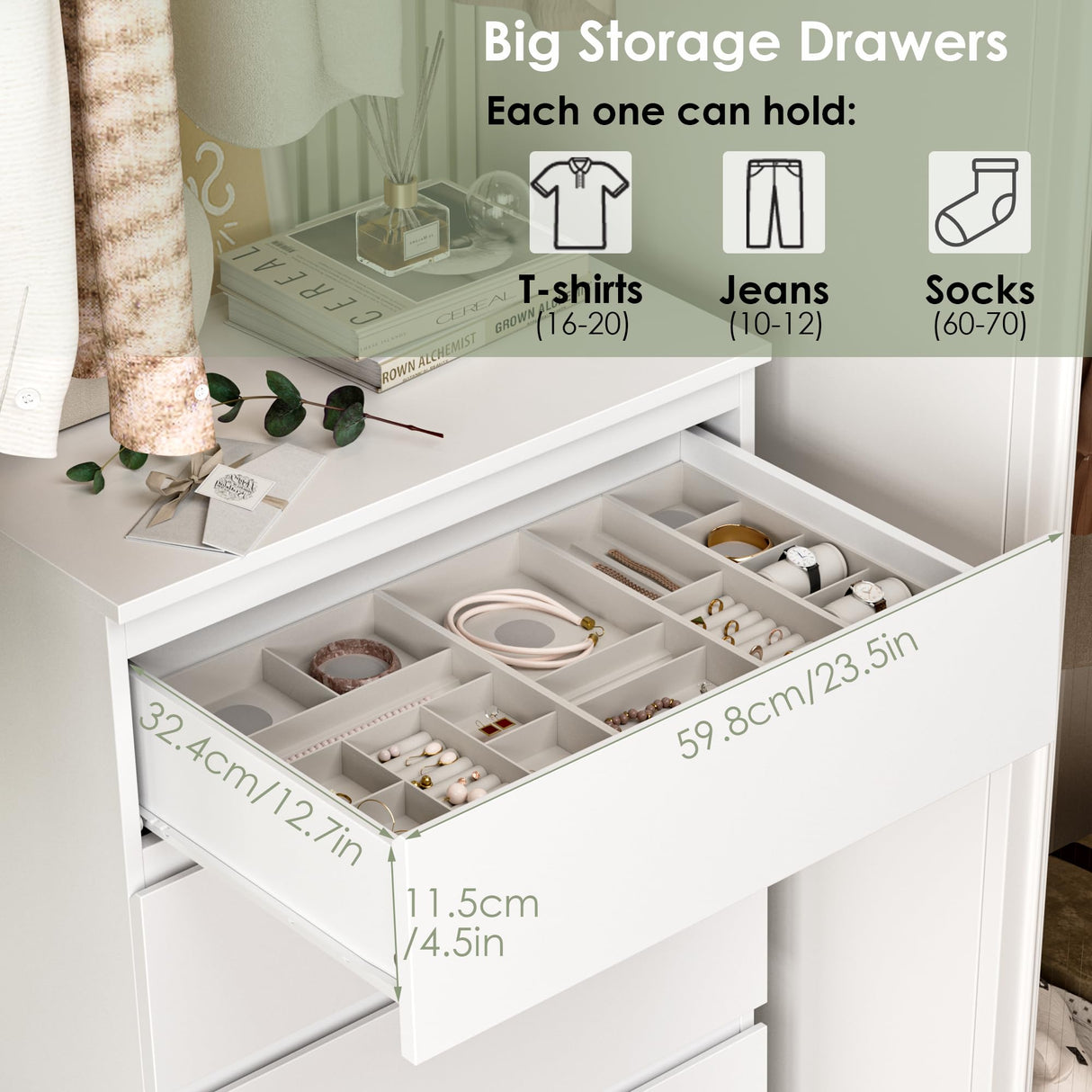 White Dresser, 6 Drawer Dresser, Modern Tall Floor Storage Cabinet