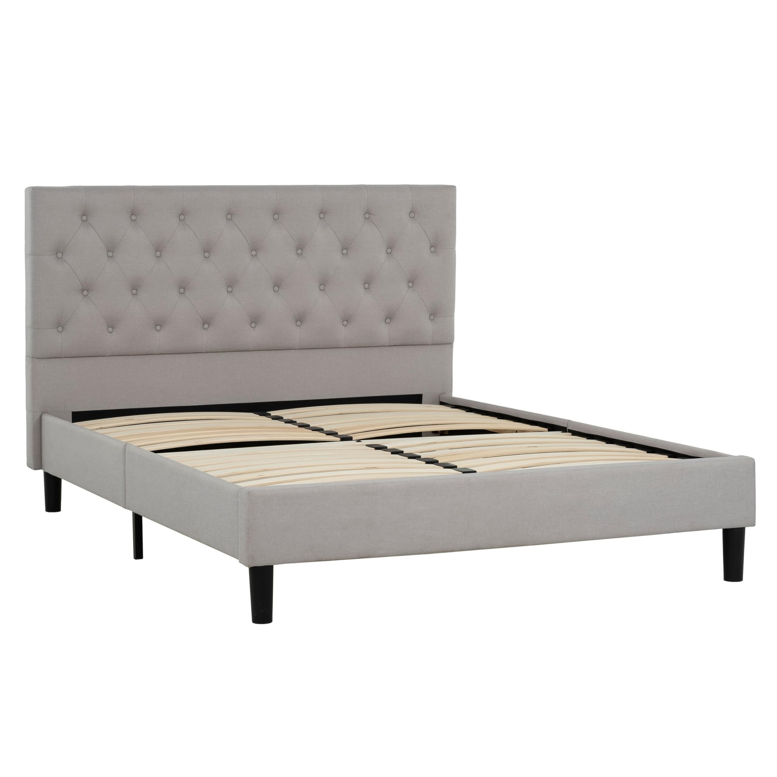 ANI Full Size Platform Bed, Cushioned Tufted Polyester Upholstery
