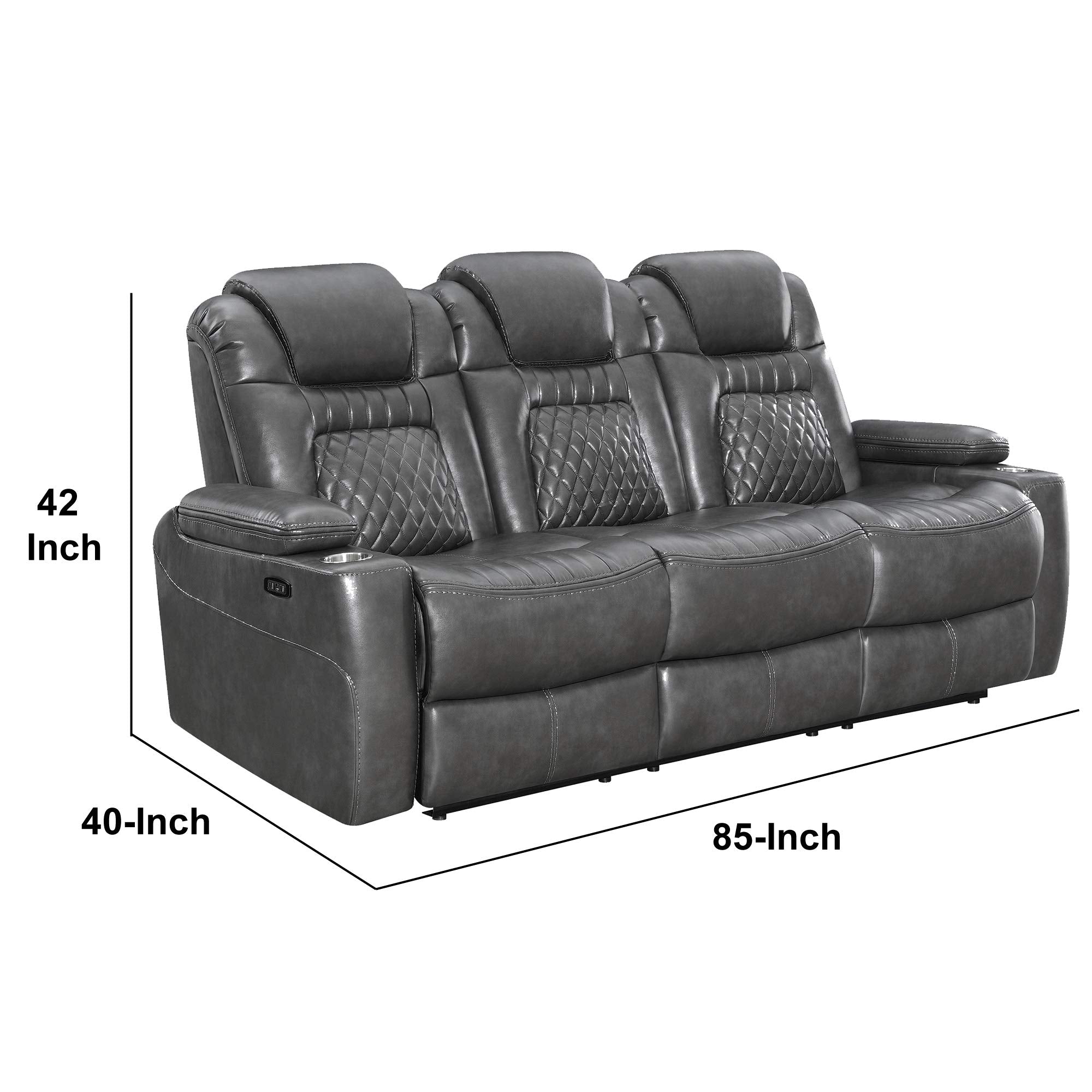 Black Leatherette Diamond Tufted Power Recliner Sofa with Drop Down Storage