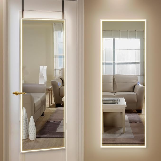 LED Door Mirror Full Length, Over The Door Hanging Lighted Mirror, Full Body Wall Mounted Mirror, Light Up Long Dressing Mirror 42.5" X 14.4"