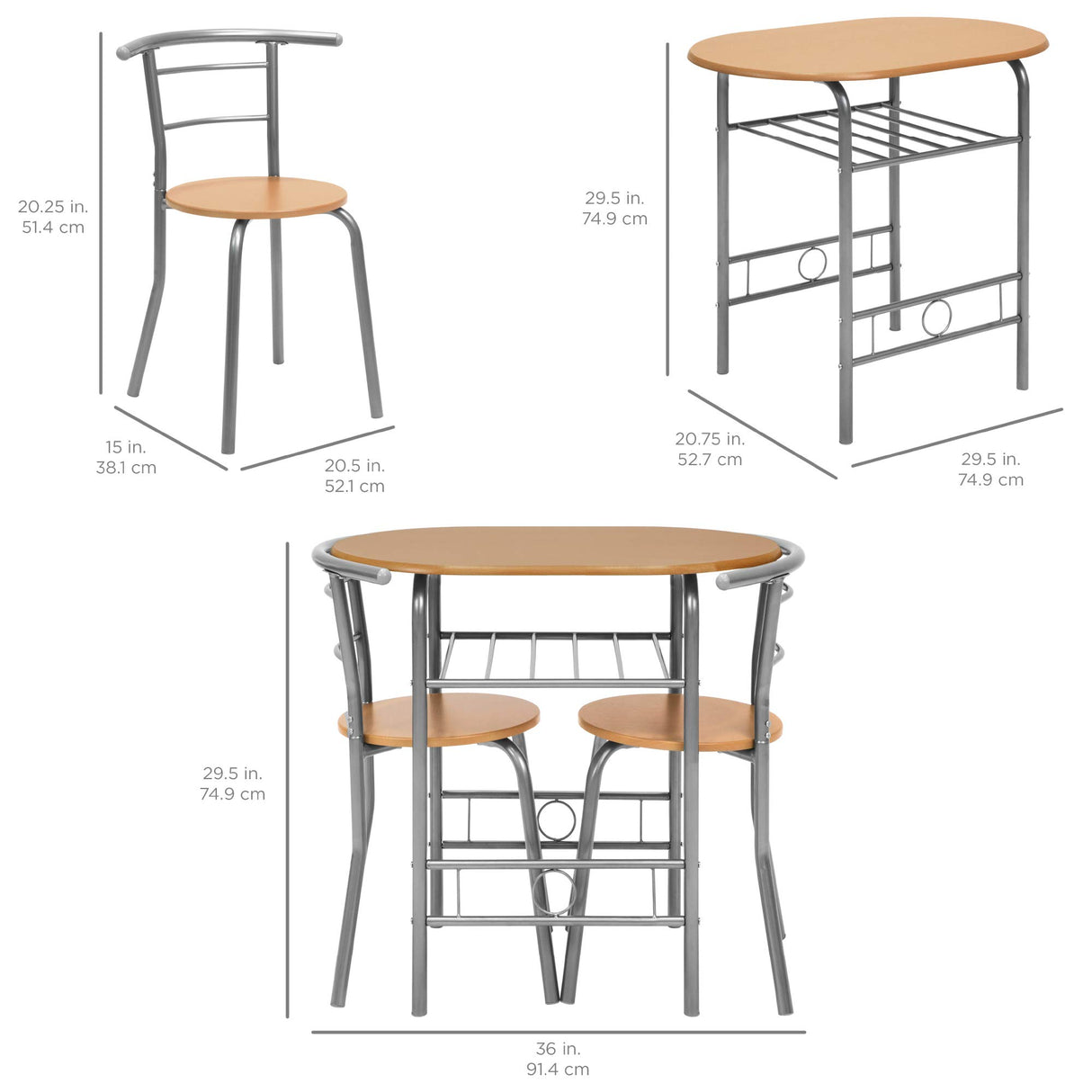 3-Piece Wooden Round Table & Chair Set for Kitchen, Dining Room, Compact Space