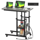 Height Adjustable C Shaped End Table with Charging Station, Mobile Laptop Side