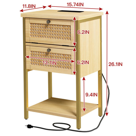 End Table with Charging Station, 2 Tier Rattan Decorated Nightstand with USB Ports and Outlets, Bedside Table with Drawer, Modern Sofa Side Table for Bedroom, Living Room, Office, Wood Color