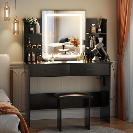 with Lighted Mirror, Makeup Vanity Desk with Power Outlet, 3 Color Light Options Adjustable Brightness,