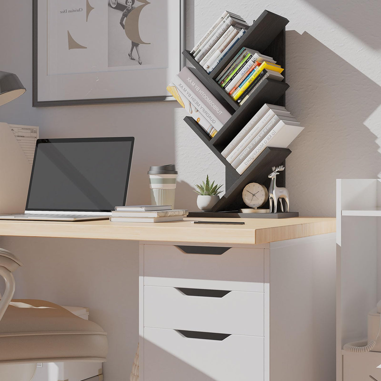 YMYNY 4 Tiers Tree Bookshelf, Retro Brown +Black,HBC014H+HBC014B