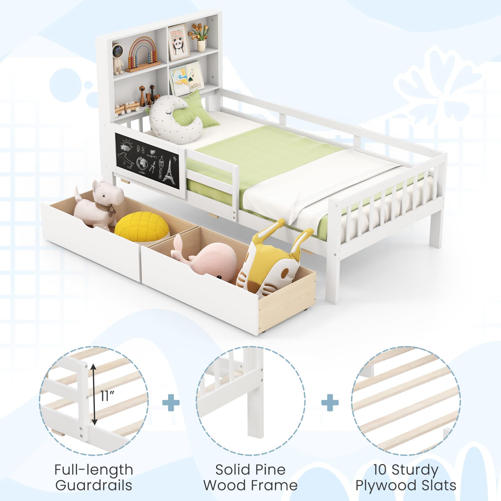 2 Storage Drawers, Solid Wood Kids Bed Frame w/Bookcase Headboard & Blackboard, Full