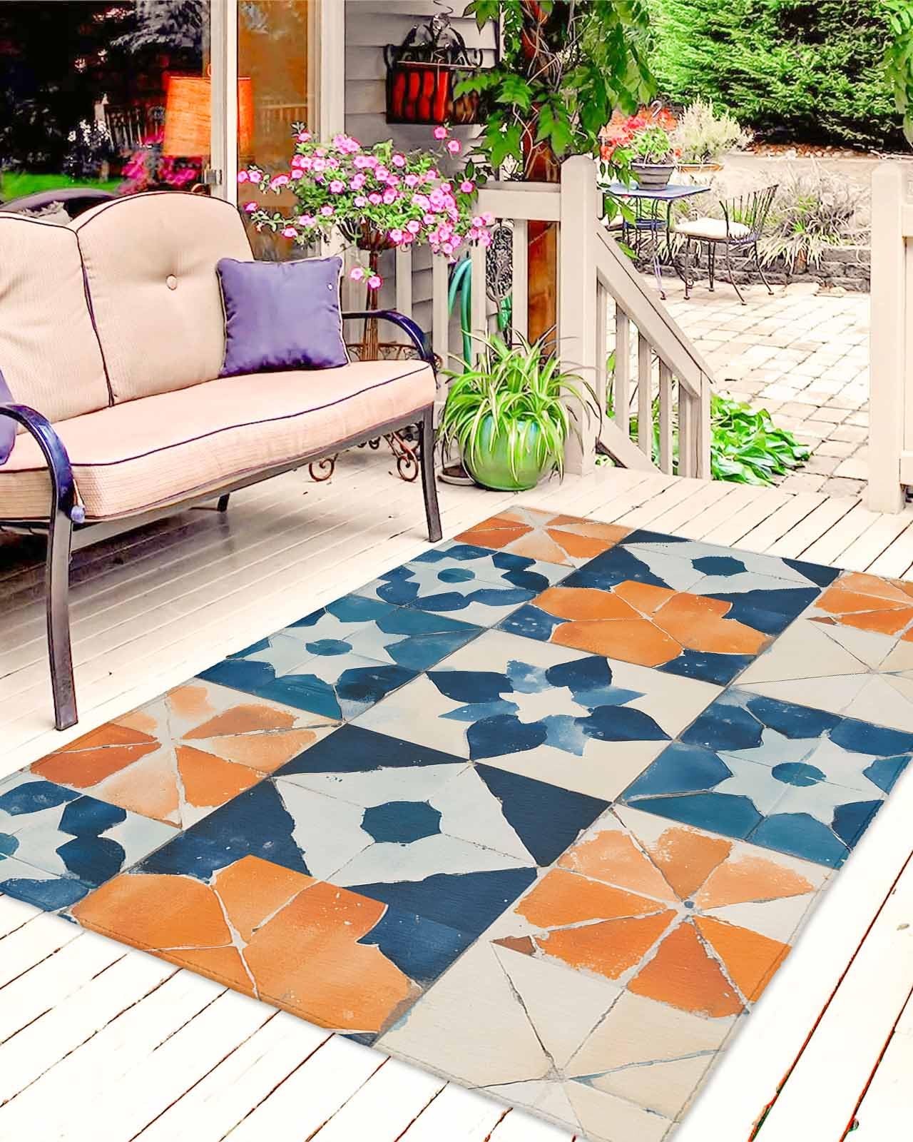Outdoor Rug, Abstract Flower Color Block Indoor Area Rug Outdoor Carpet RV Camping Rugs