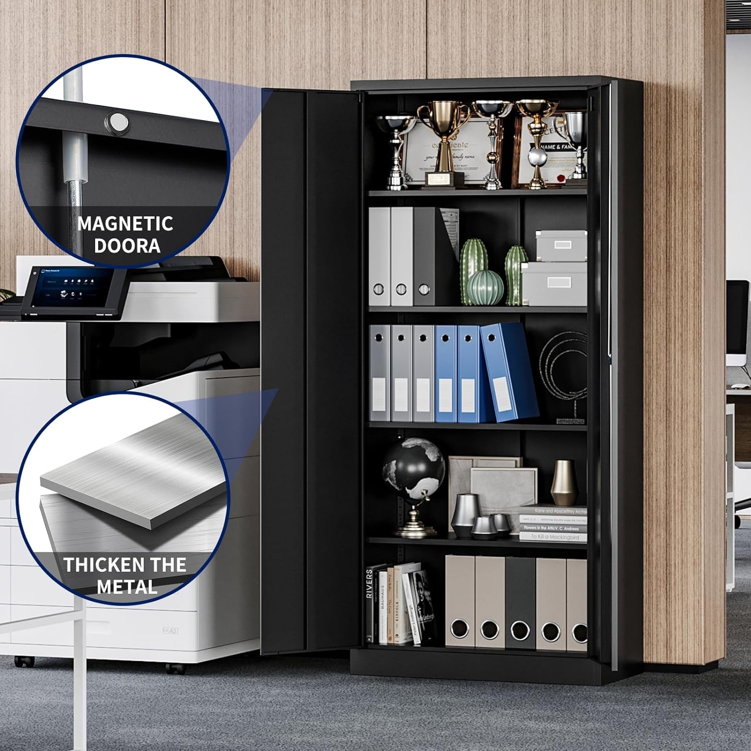 Metal Storage Cabinet with 5 Adjustable Shelves, Pantry Cabinet with 2 doors