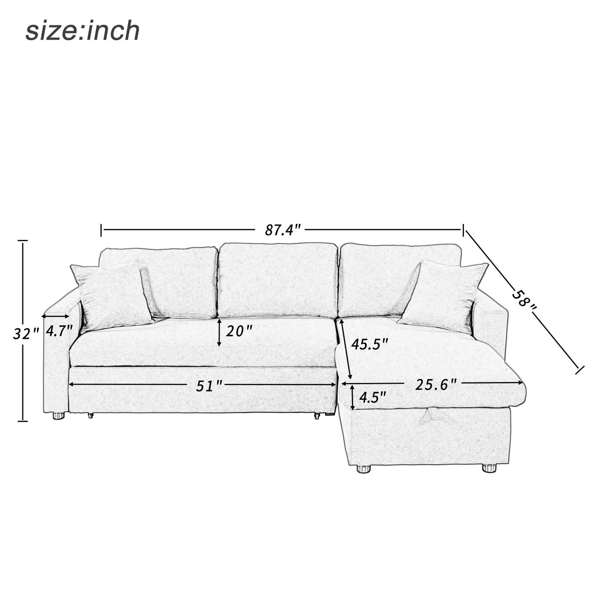 87.4'' Reversible Sleeper Sectional Sofa Couch with Pull-Out Sleeper Bed, L-Shape 3-Seater Convertible Corner