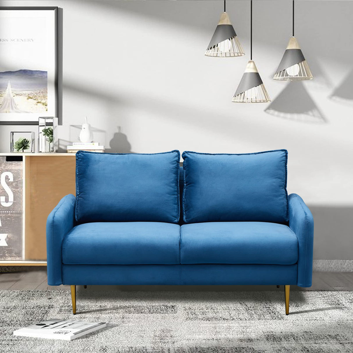 Velvet Loveseat Modern Sofa Tufted Couch with Metal Legs for Living Room, Bedroom, Office, Playroom - Prussian Blue