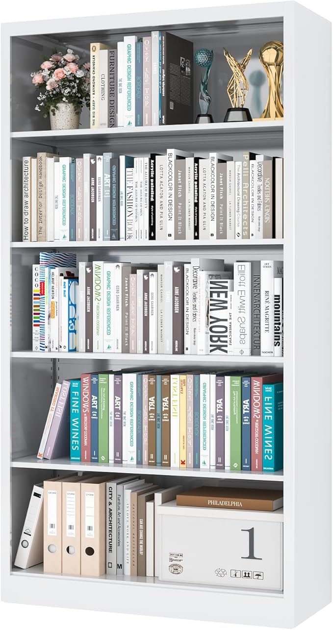 5 Tier Metal Bookshelf, 66" Tall Bookcase, Adjustable Bookshelves and Bookcases