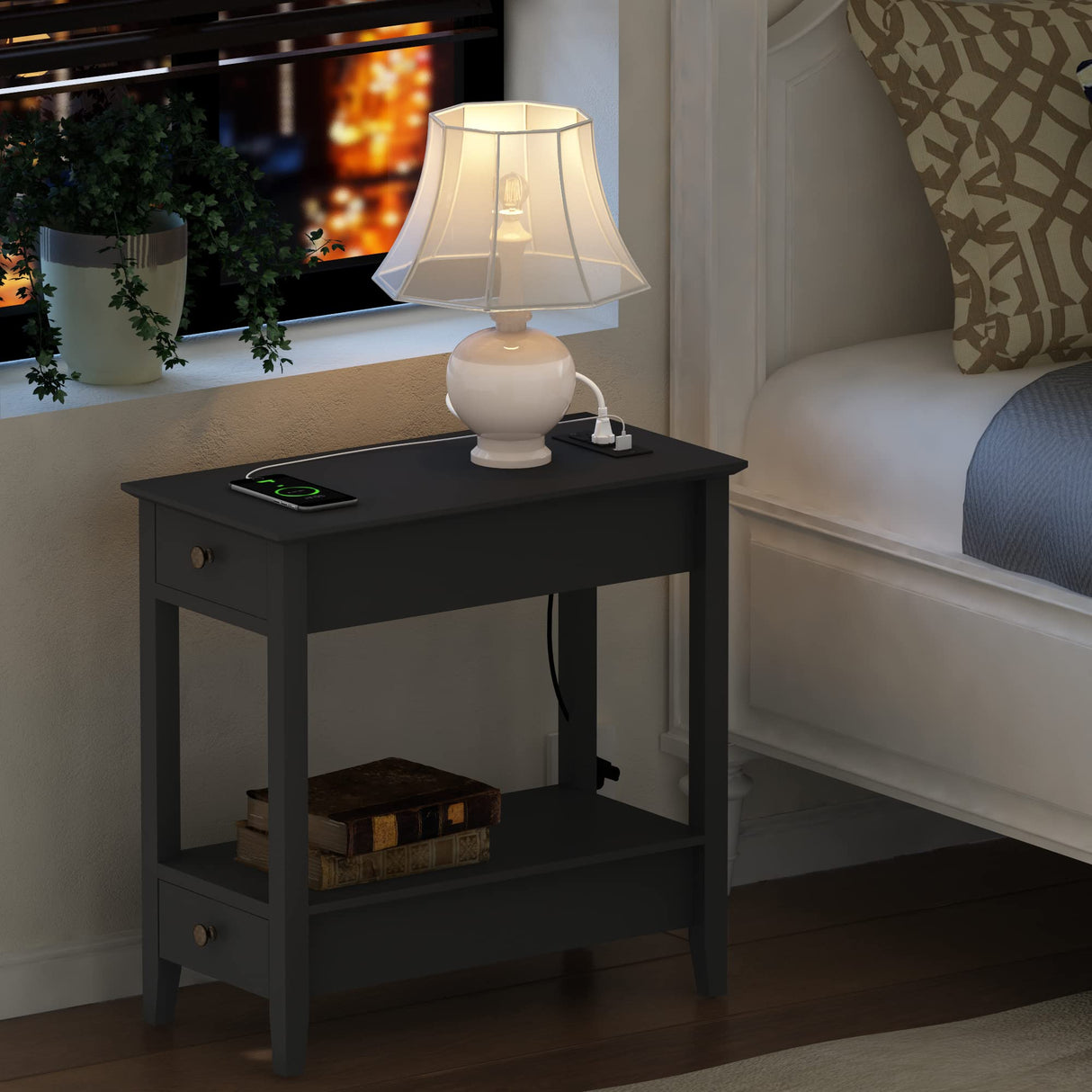 Side Table with Charging Station, Narrow End Table with Storage, 2-Drawer Nightstand