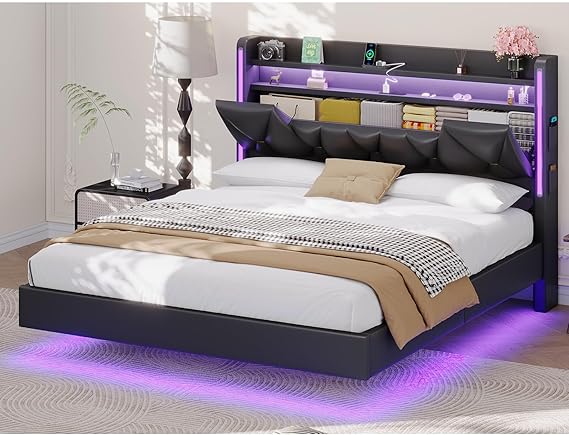 Floating Queen Bed Frame with LED Lights & Storage Headboard