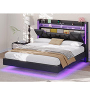 Floating Queen Bed Frame with LED Lights & Storage Headboard