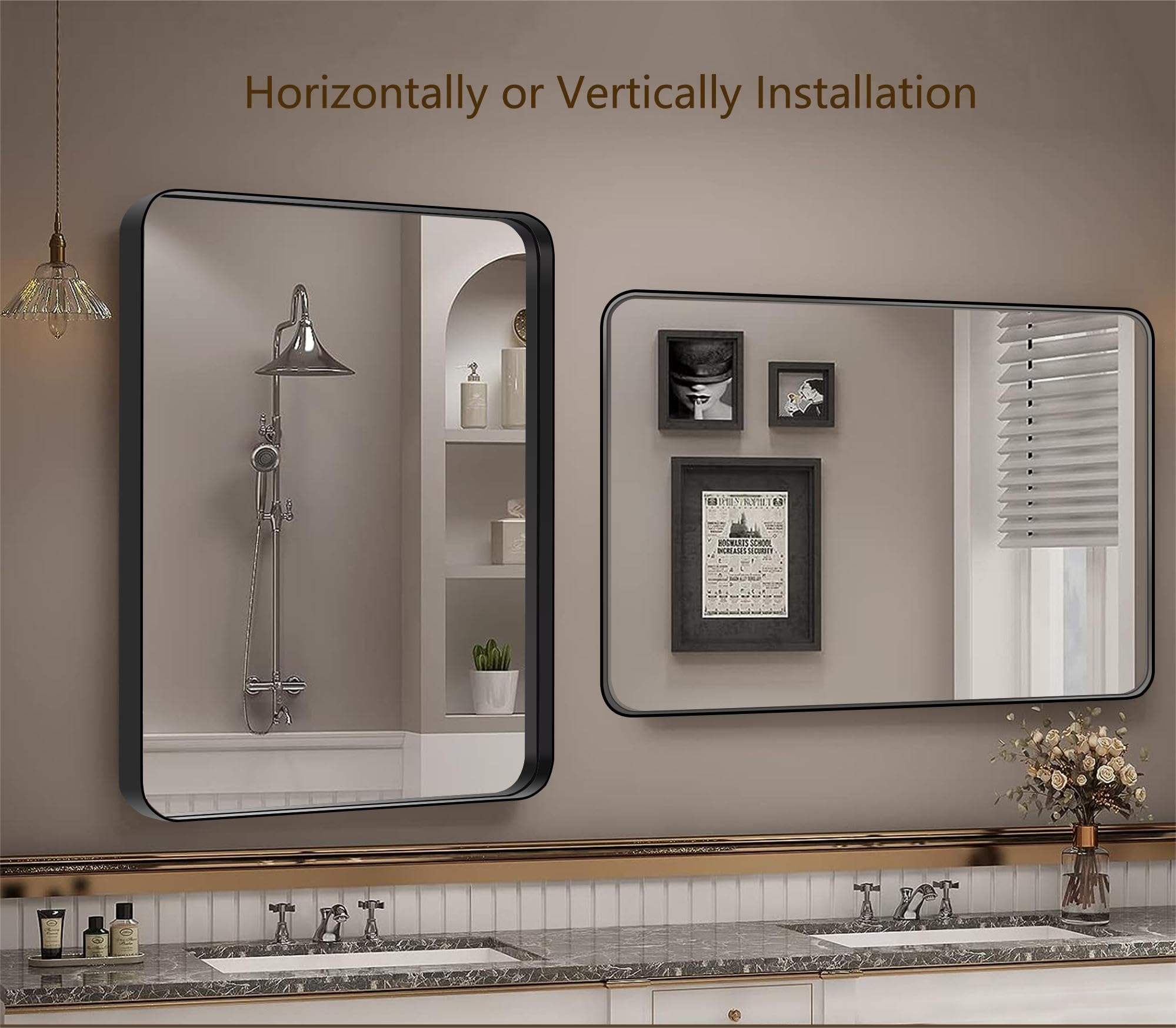 Black Framed Mirrors for Bathroom, Rounded Conner Rectangle Mirror