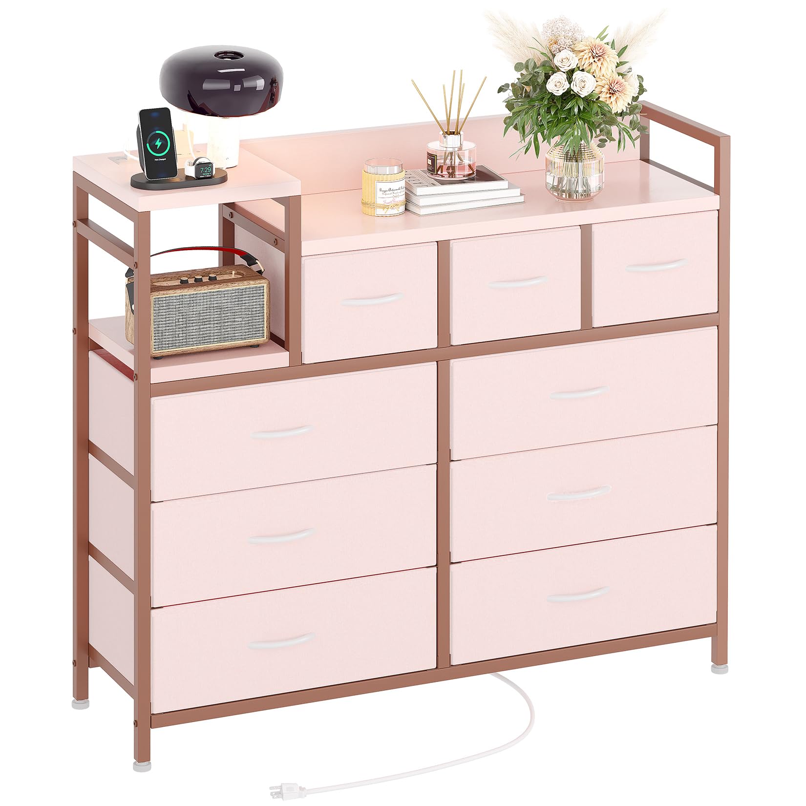 Charging Station, Bedroom Dresser for Living Room TV Stand with 9 Drawers, Pink