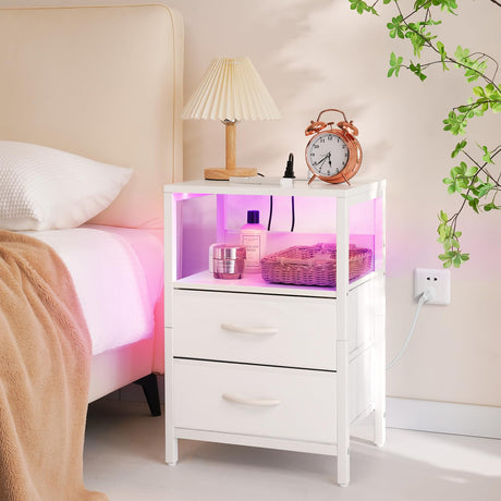 Nightstand with Charging Station, LED Night Stand with Fabric Drawers and Storage Shelf for Bedroom