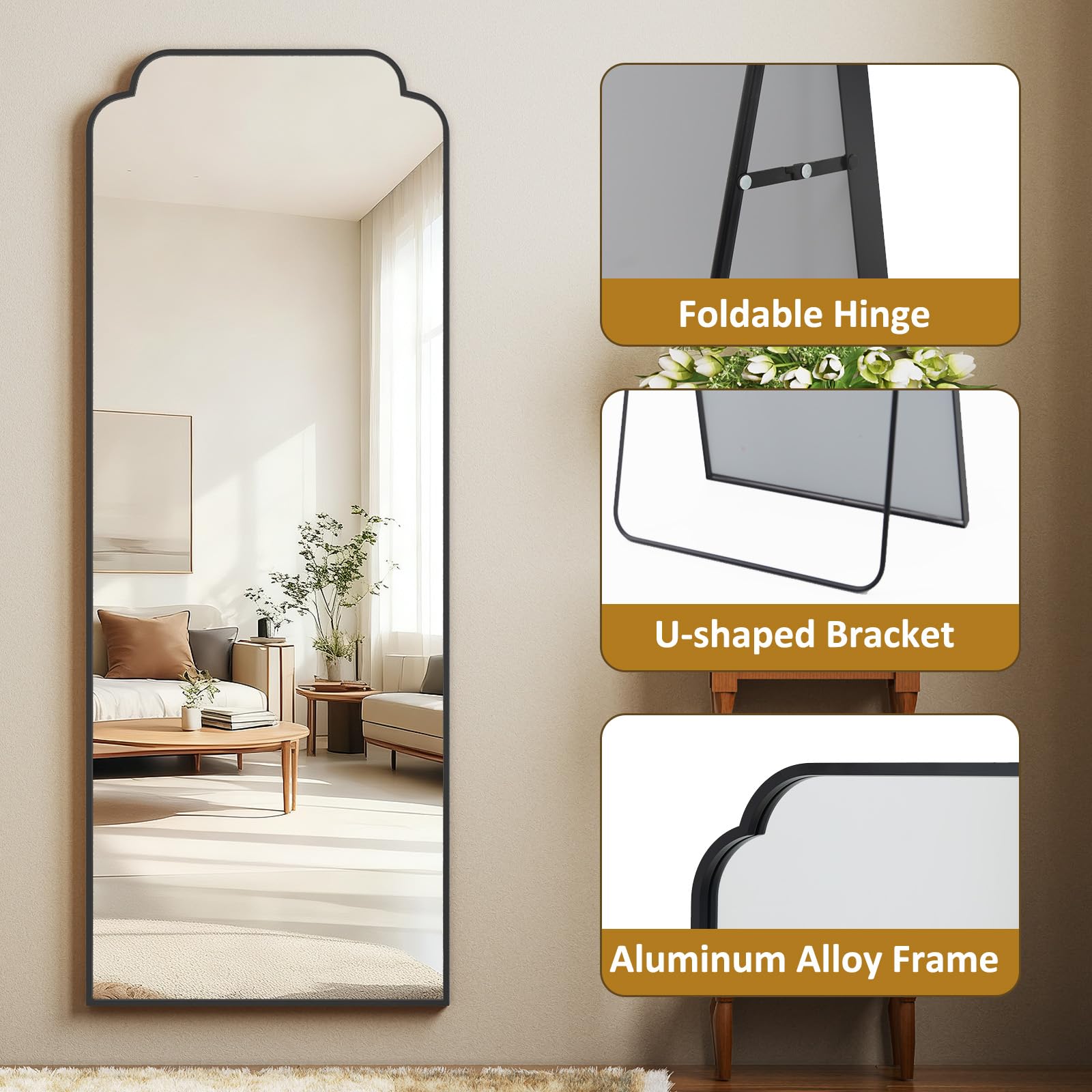 21x56 Black Arch Full Length Mirror with Metal Frame