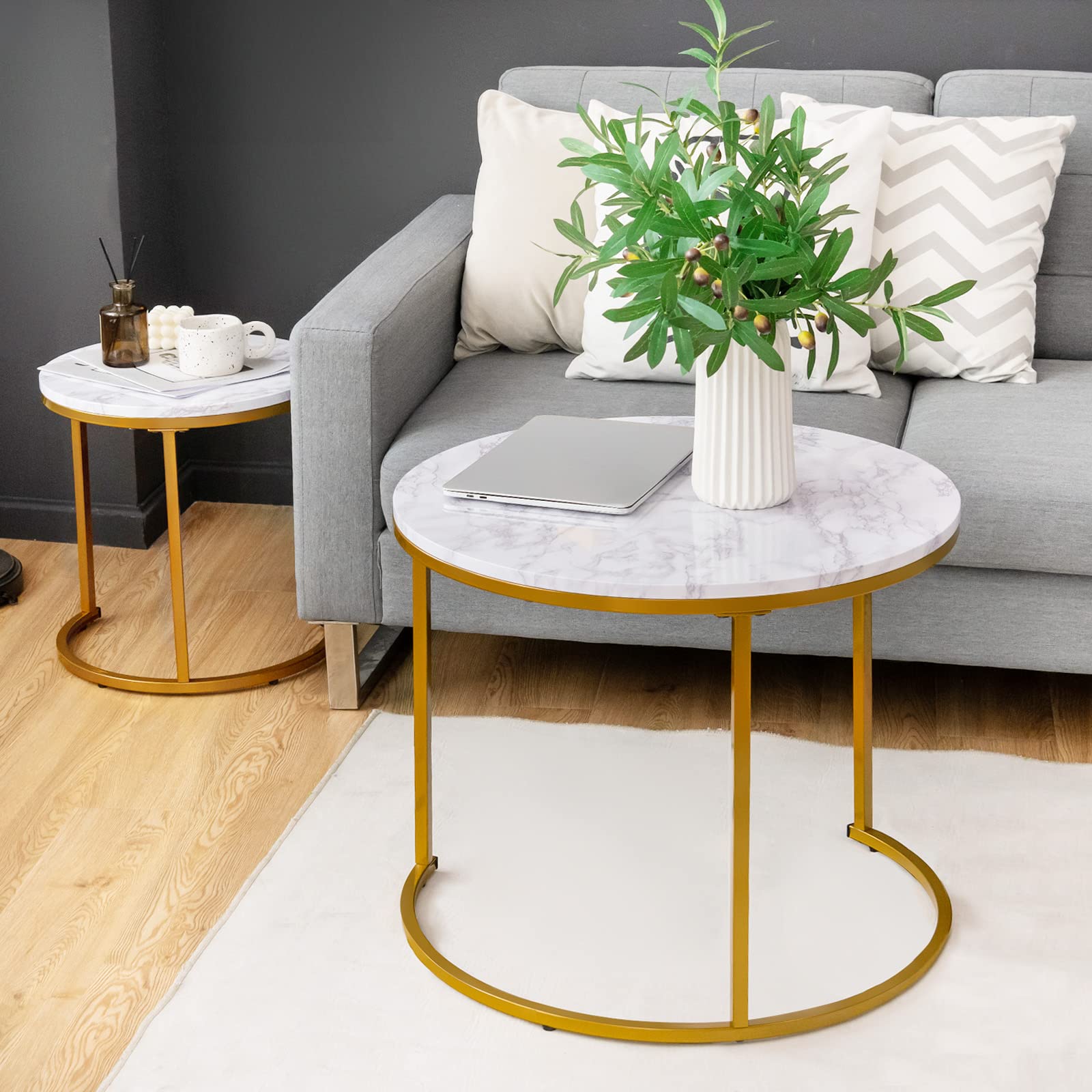 Nesting Coffee Table, 24”Round Coffee Table, Industrial Side Table w/Wood Tabletop