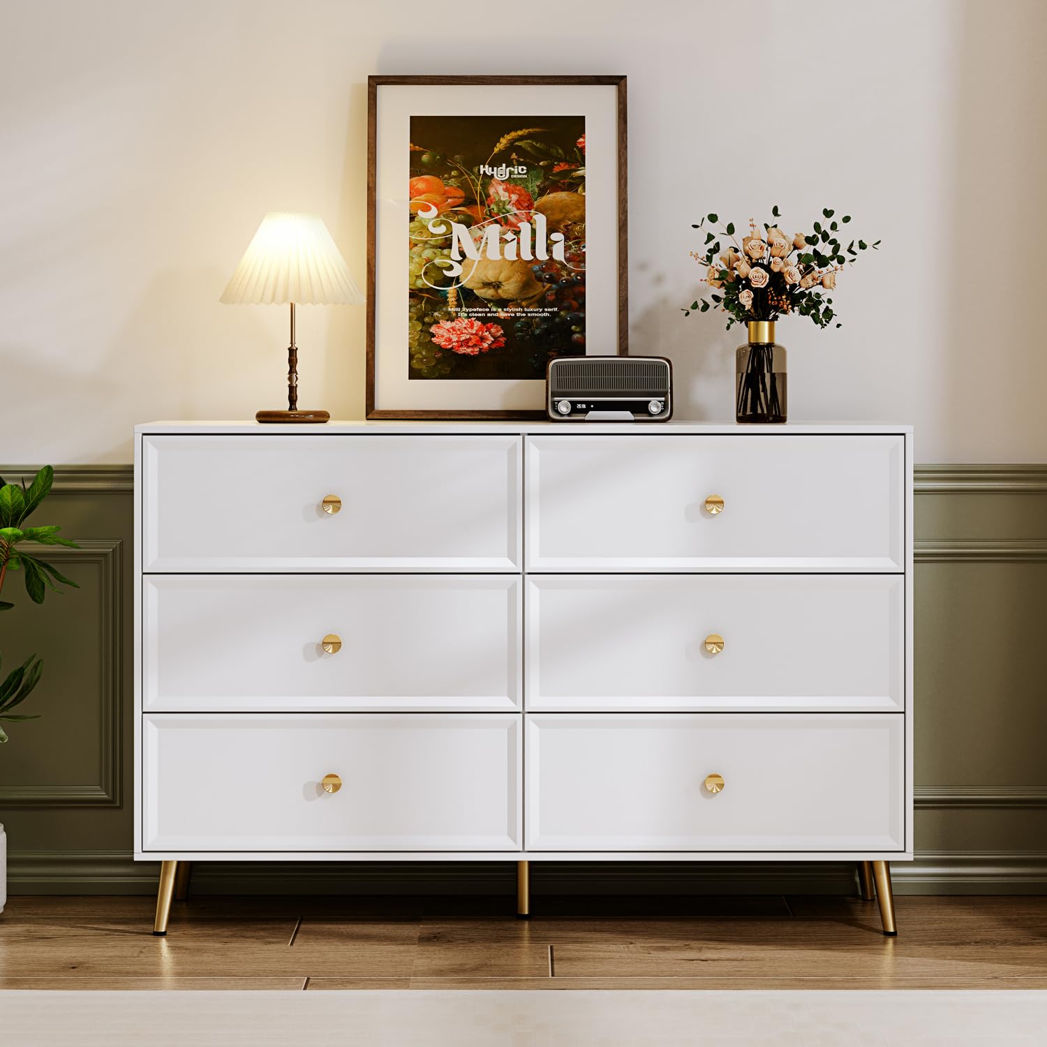 Cream 6 Drawer Dresser for Bedroom, Large Double Dresser with Wide Drawers