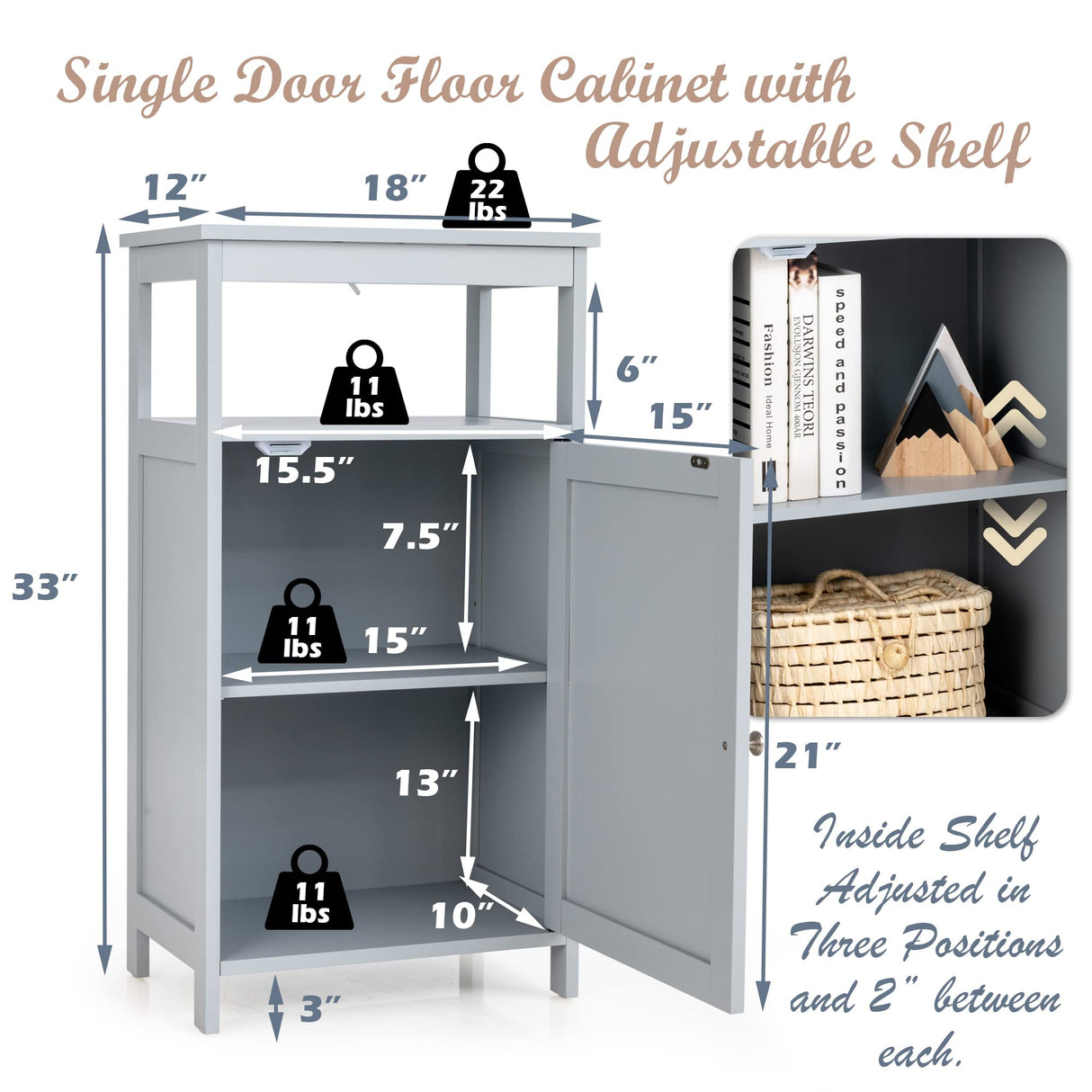 Floor Storage Cabinet, Multifunctional Side Storage Cabinet with Three-Position Adjustable