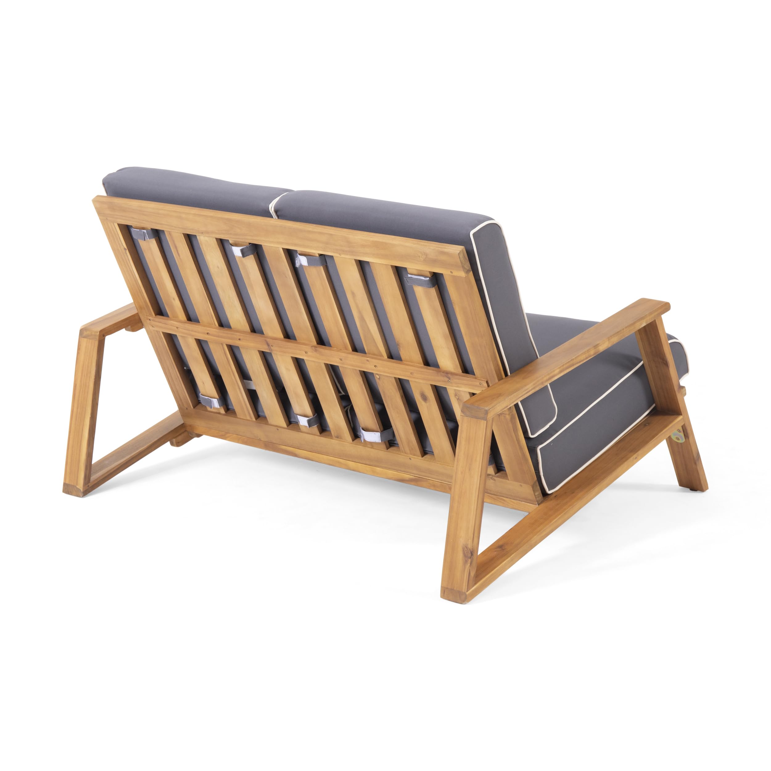 Eartha Outdoor Loveseat Set with Coffee Table, Teak Finish, Dark Gray