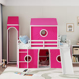 Full Loft Bed with Slide and Curtains, Full Over Full Floor Bunk Bed with House Shape Tent