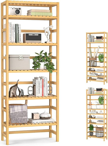 Bookshelf, 6-Tier Bamboo Adjustable 63.4” Tall Bookcase Book Shelf