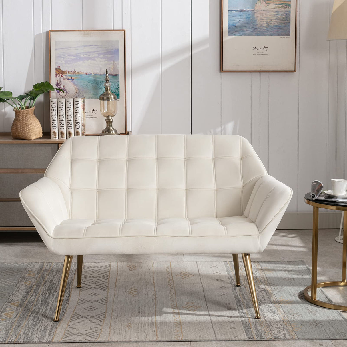 48 inch Small Loveseat for Small Space, Modern Mini Sofa Couch Upholstered High Wingback Chair Velvet Settee Bench with Back 2-Seat Armchair for Bedroom Living Room, Cream