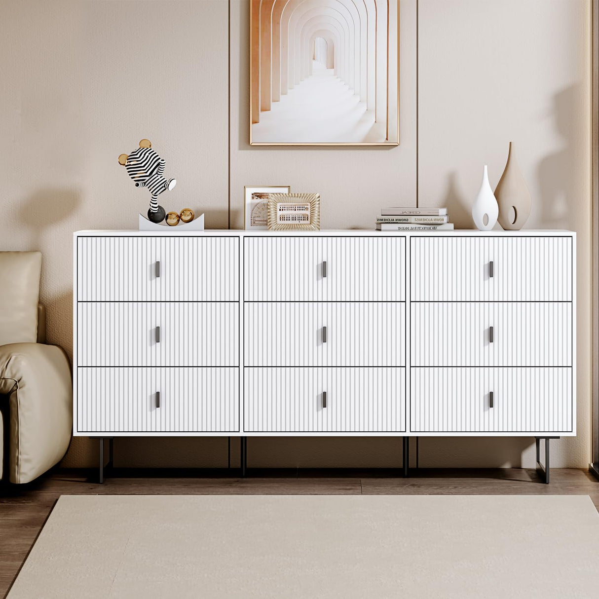 White 9 Drawer Dresser for Bedroom, Large Double Dresser with Wide Drawers,