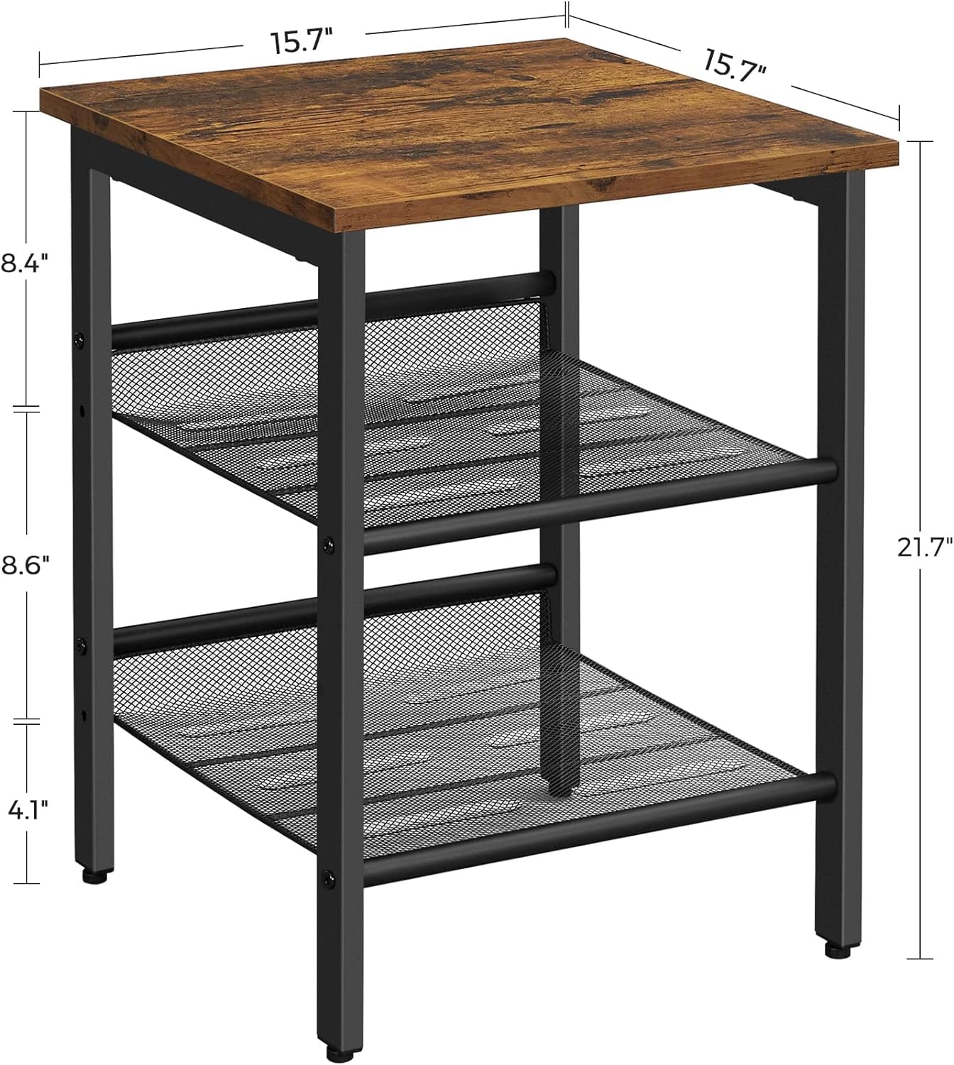 End Table, Nightstand with 2 Adjustable Mesh Shelves, Industrial Side Table