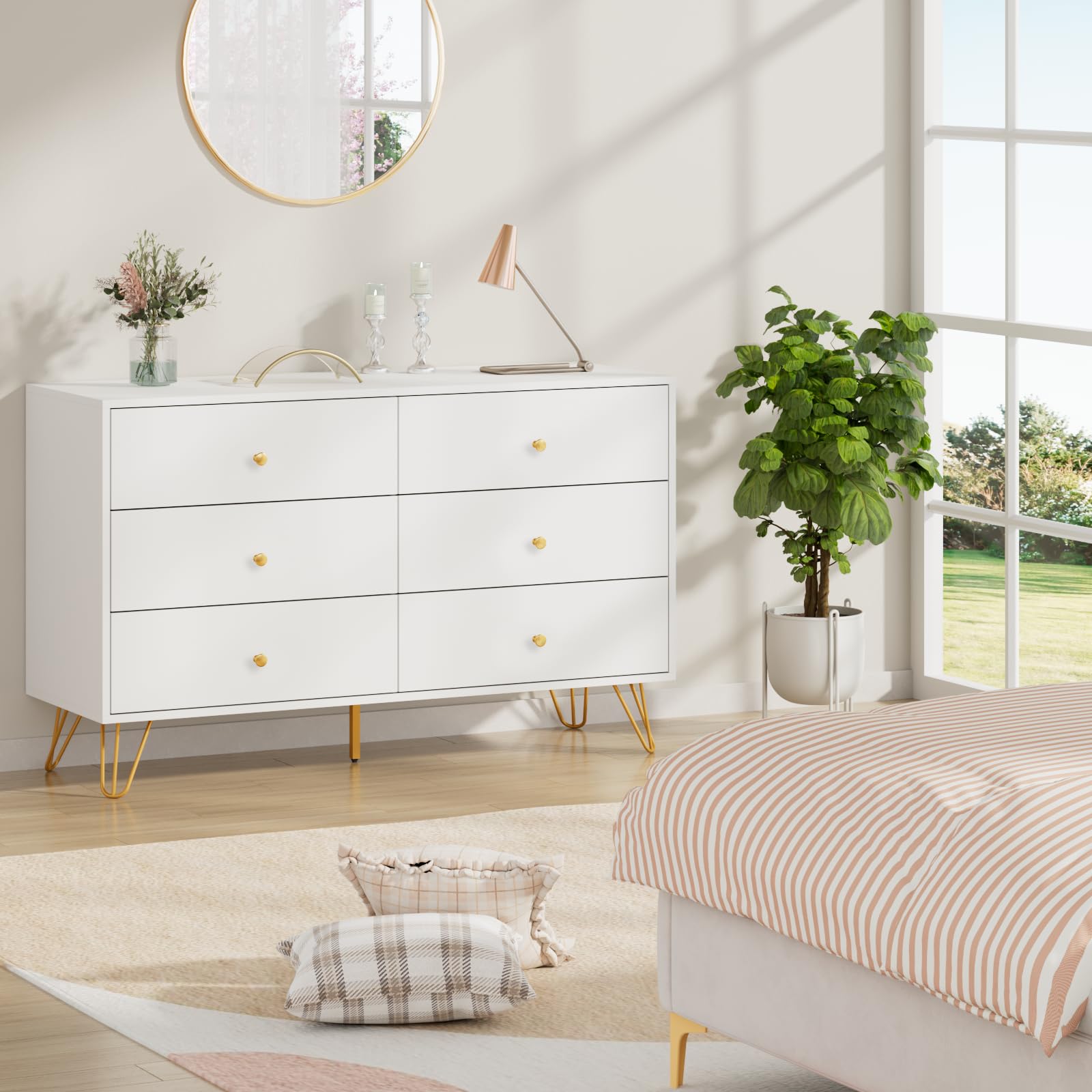 White Dresser for Bedroom, 6 Drawer Dresser with Wide Drawers and Gold Metal Handles