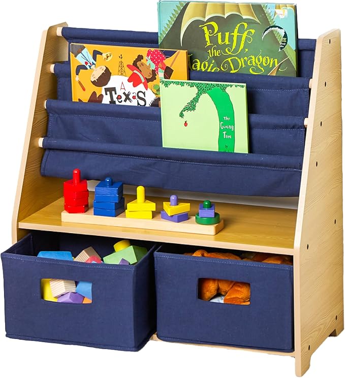 Kids Canvas Sling Bookshelf with Storage – 4 Shelves & 2 Drawers