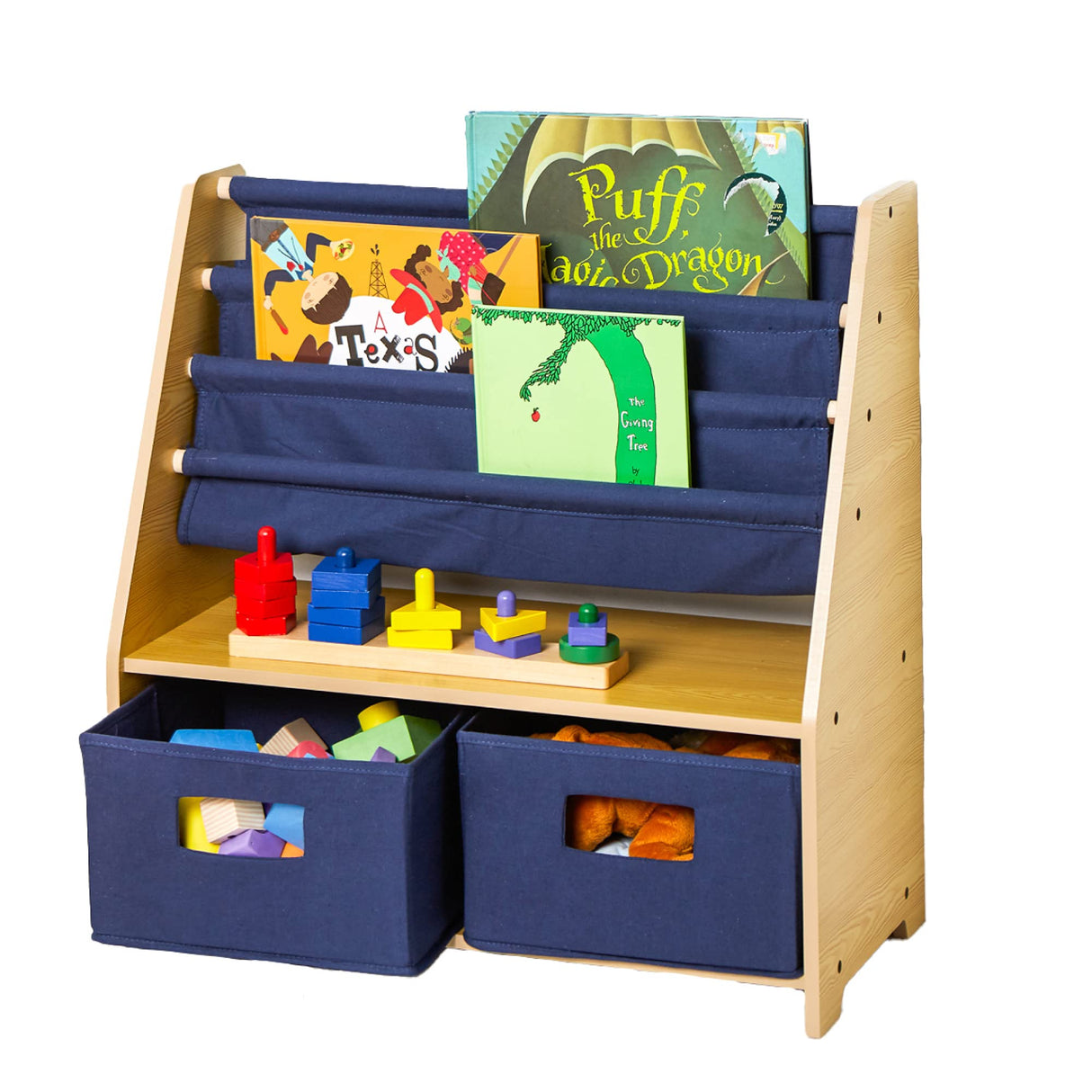 Kids Canvas Sling Bookshelf with Storage for Boys and Girls, Wooden Design Features Four Shelves and Two Drawers