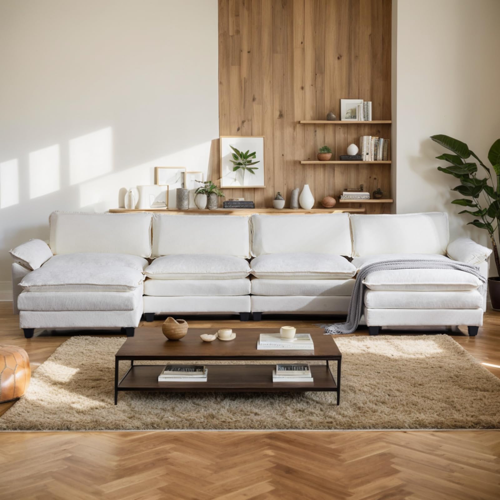 Sectional Sofa Modular Deep 4-Seat Sofa Couch with 2 Ottomans