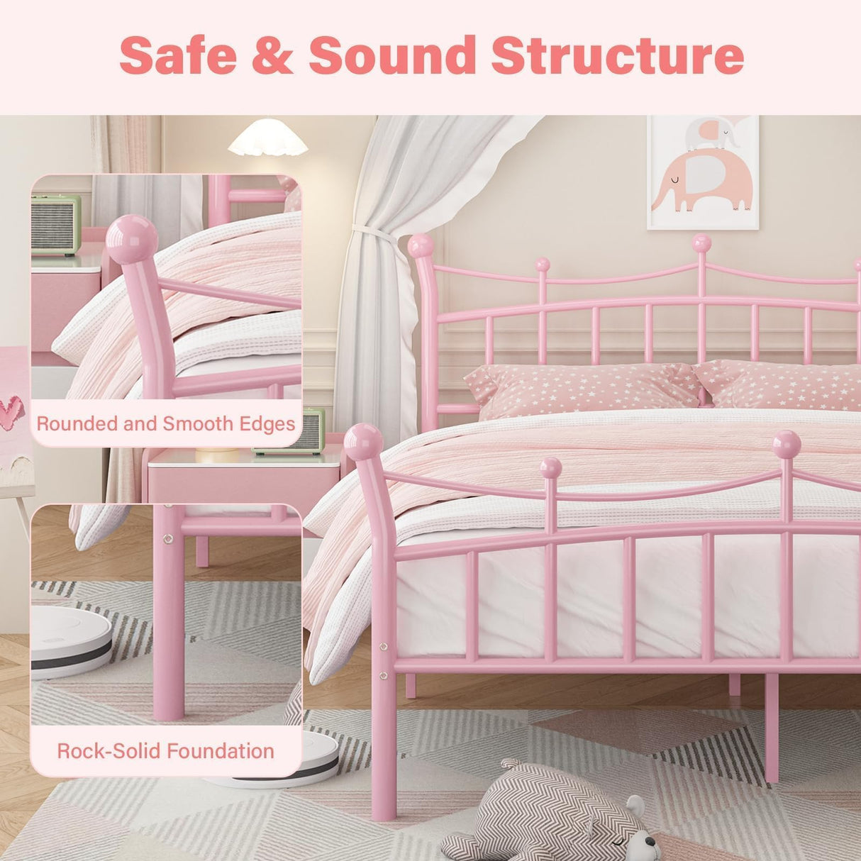 Twin Bed Frame with Crown-Shaped Headboard, Princess Bed for Kids/Girls, Heavy Duty Metal Platform Bed with Iron-Art Headboard and Footboard, No Box Spring Needed, Easy Assembly, Pink